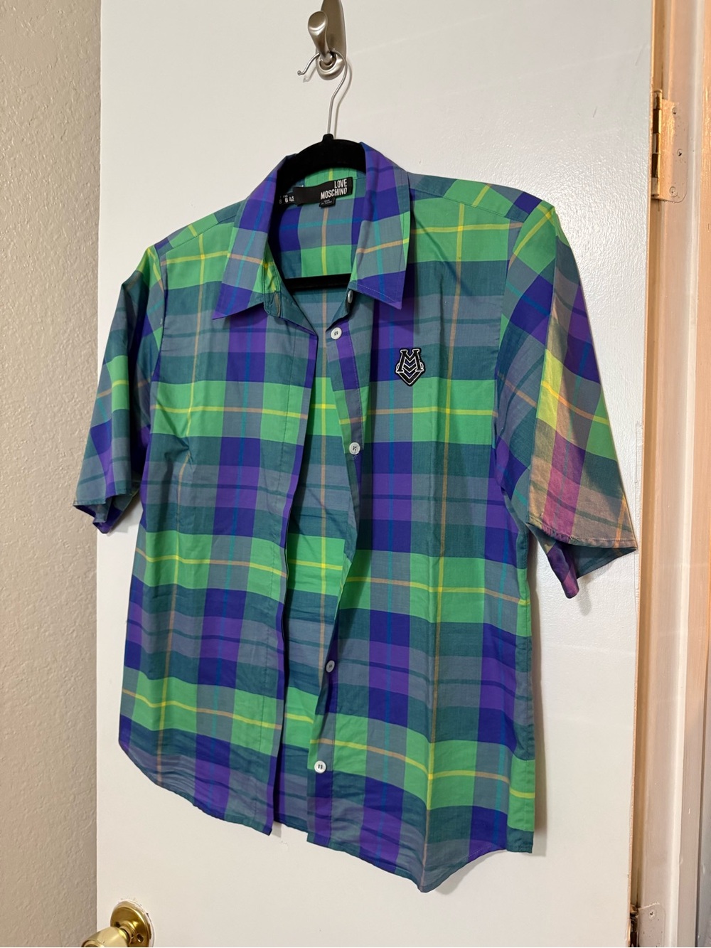 Moschino Plaid Button-Up Shirt in Green, Blue & Purple - Picture 2 of 5